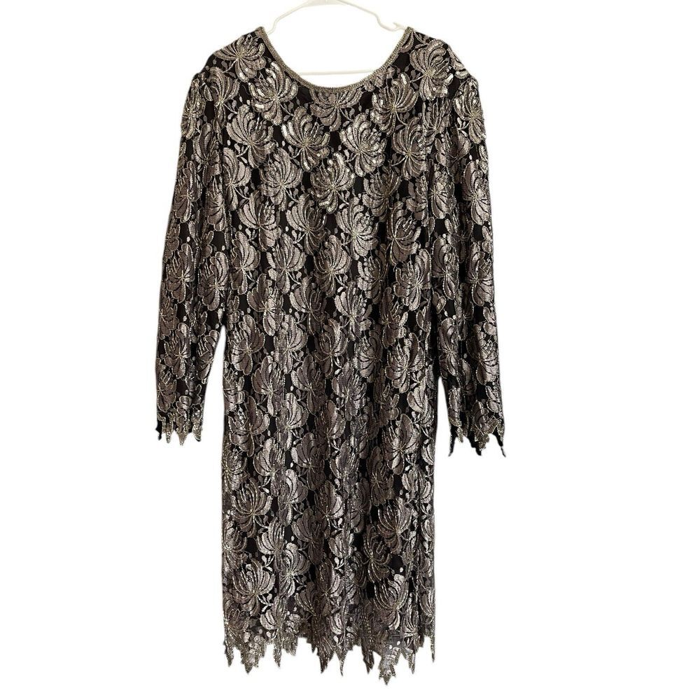 Vintage Carina Dress Size 2X Black‎ Sequin Beaded Silk Handkerchief Overlay Hem